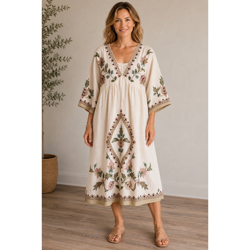 Soft Surroundings NWT 100% Cotton Embroidered Boho Peasant Dress Women L Floral